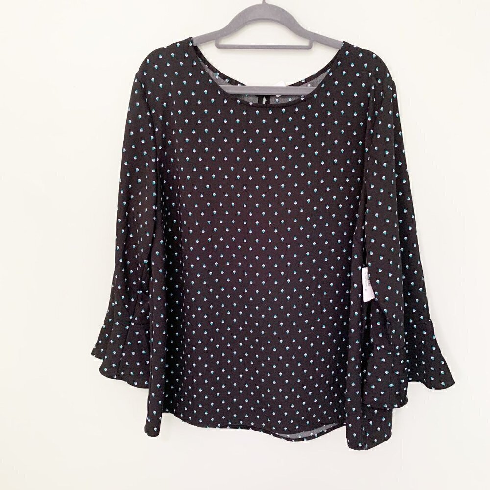 NEW Old Navy Womens‎ XL Black Teal Geometric Print Bell Sleeve Blouse